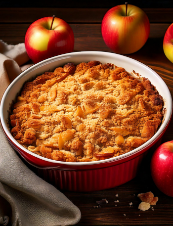 Apple Crumble in einer runden Auflaufform