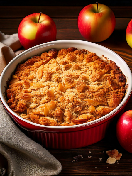 Apple Crumble in einer runden Auflaufform