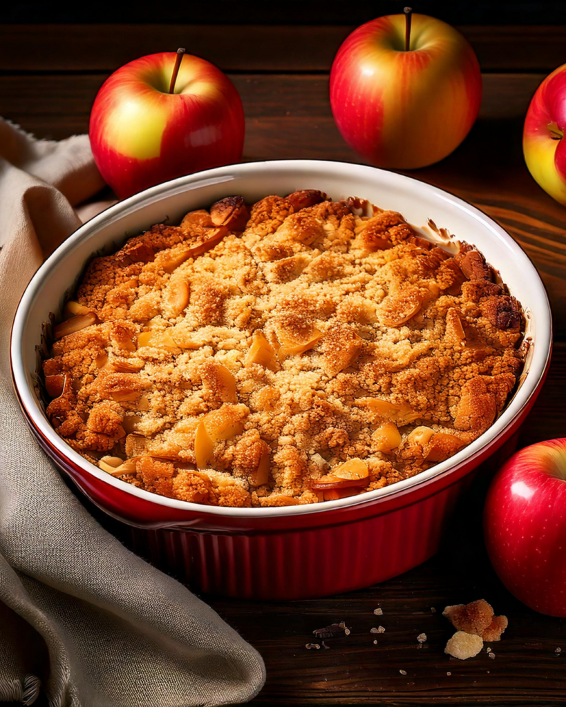 Apple Crumble in einer runden Auflaufform