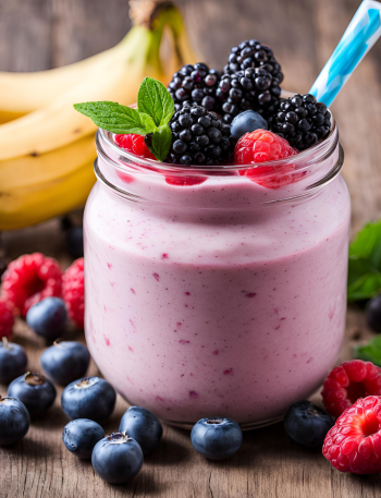 Bananen Berry Smoothie im Glas mit Strohhalm und Beeren-Deko