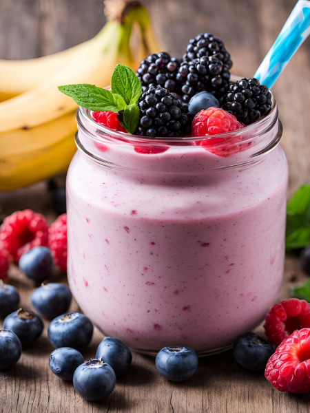 Bananen Berry Smoothie im Glas mit Strohhalm und Beeren-Deko