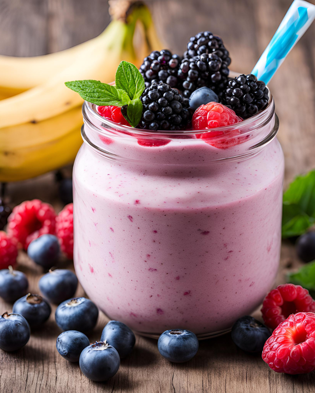Bananen Berry Smoothie im Glas mit Strohhalm und Beeren-Deko