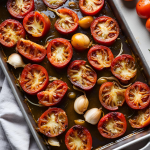 Geröstete Tomaten und Knoblauch auf einem Backblech