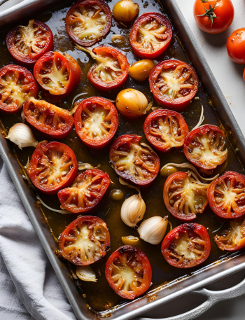 Geröstete Tomaten und Knoblauch auf einem Backblech