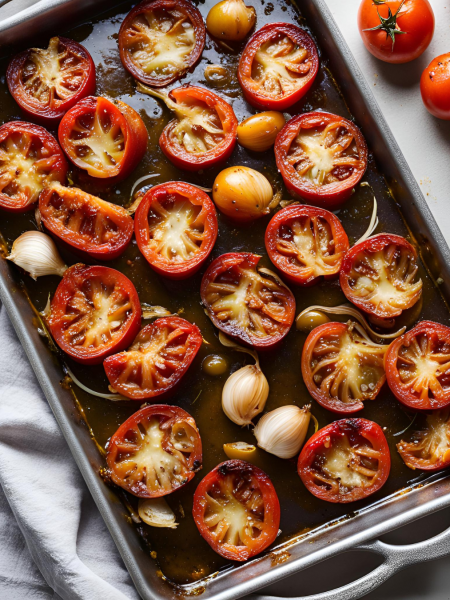 Geröstete Tomaten und Knoblauch auf einem Backblech