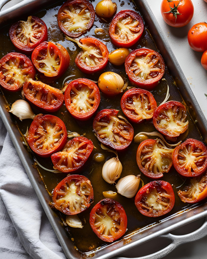 Geröstete Tomaten und Knoblauch auf einem Backblech