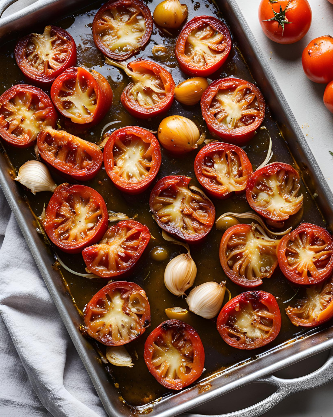 Geröstete Tomaten und Knoblauch auf einem Backblech