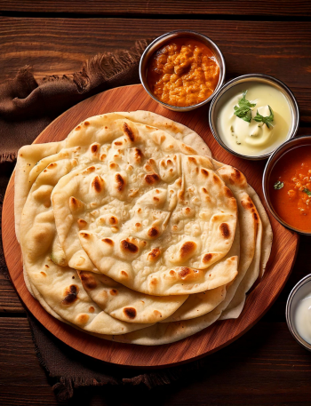 Naan Brot mit Dips auf einem Tisch