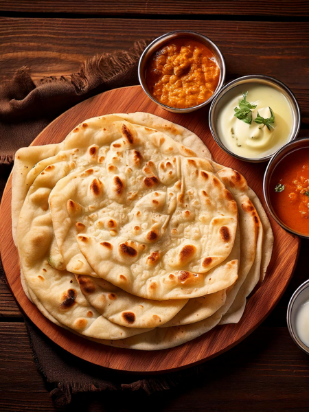 Naan Brot mit Dips auf einem Tisch