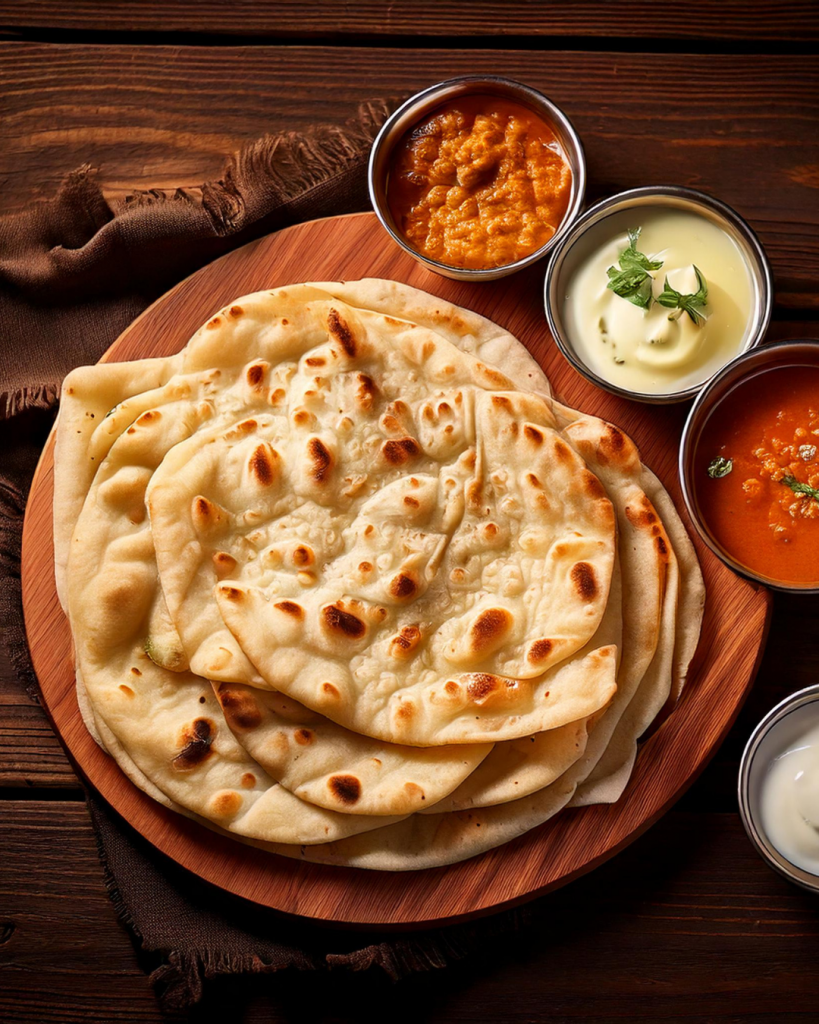 Naan Brot mit Dips auf einem Tisch