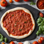 Pizzateig mit Soße bestrichen