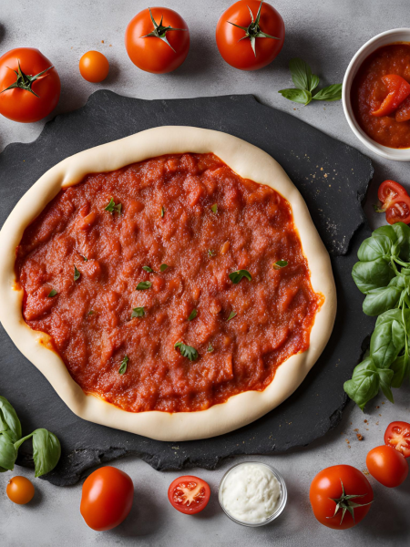 Pizzateig mit Soße bestrichen