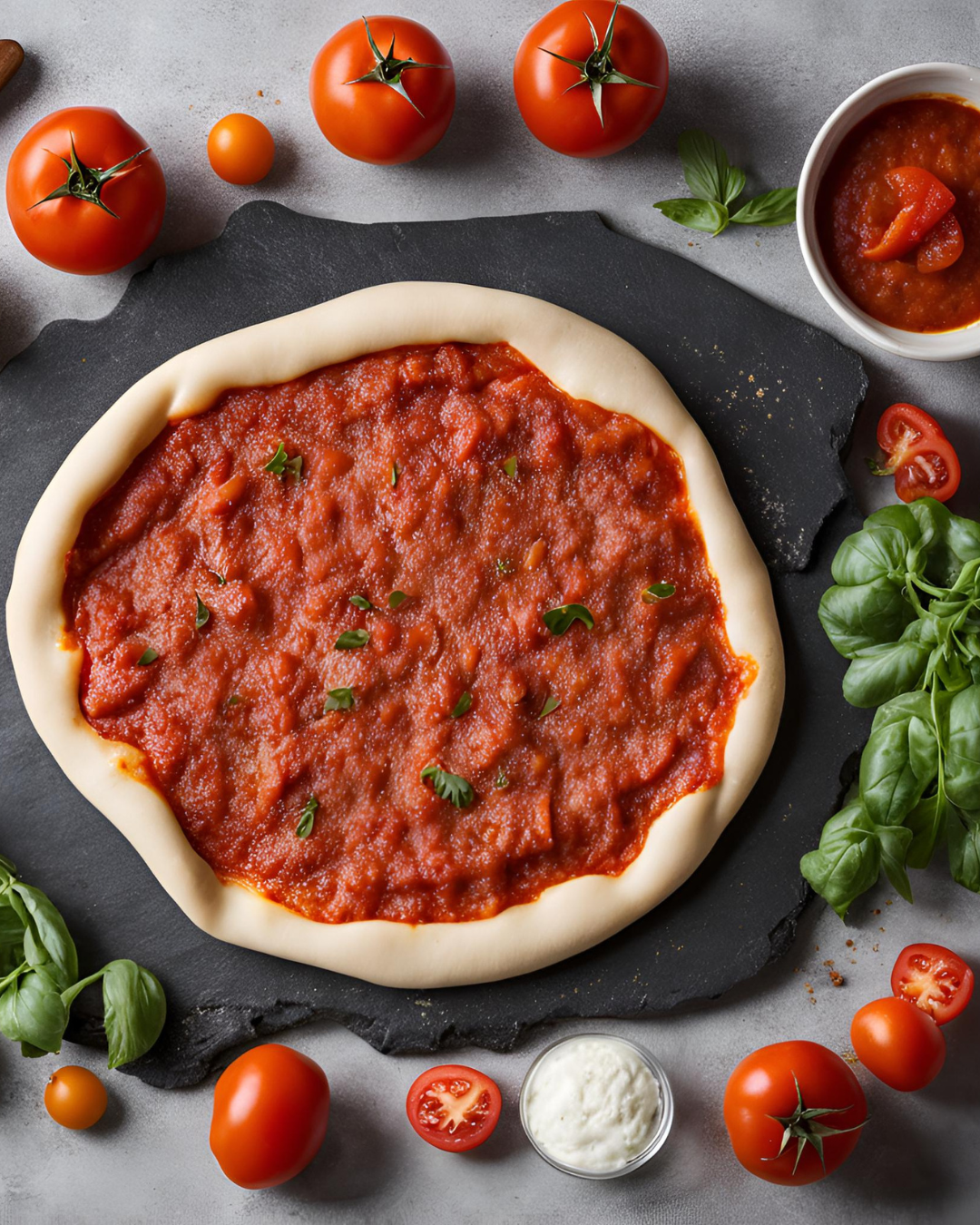 Pizzateig mit Soße bestrichen