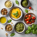 Polenta, Pesto, Nüsse, Tomaten in kleinen Schalen auf heller Arbeitsplatte mit Basilikum dekoriert