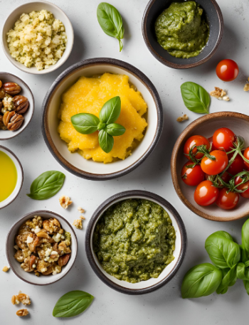 Polenta, Pesto, Nüsse, Tomaten in kleinen Schalen auf heller Arbeitsplatte mit Basilikum dekoriert