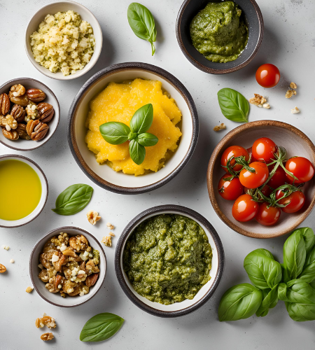 Polenta, Pesto, Nüsse, Tomaten in kleinen Schalen auf heller Arbeitsplatte mit Basilikum dekoriert
