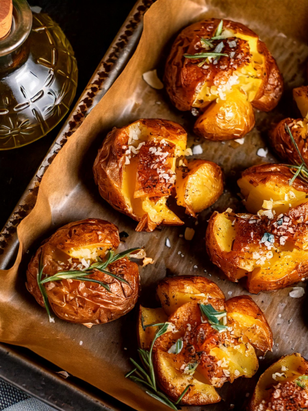 smashed potatoes auf einem backblech