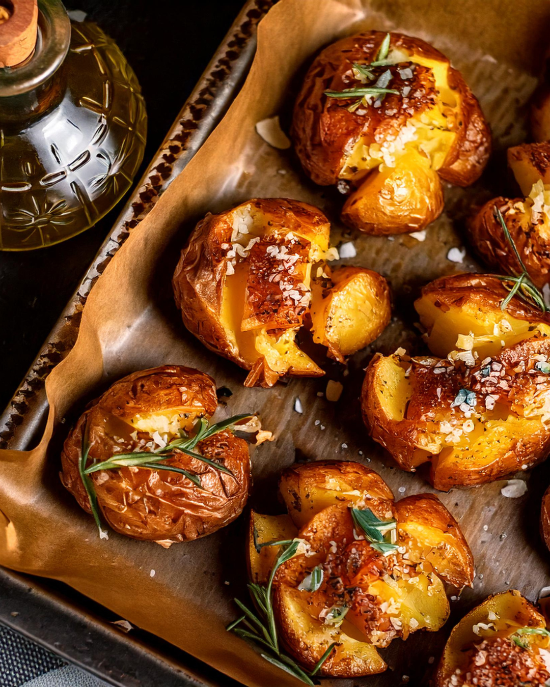 smashed potatoes auf einem backblech