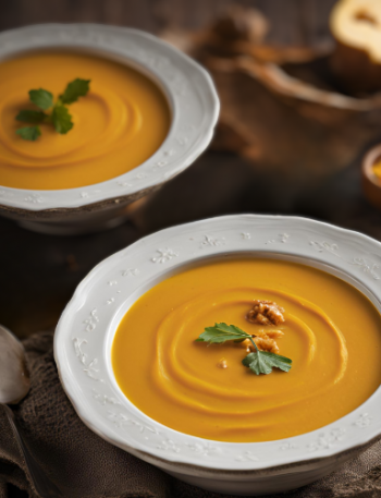 kürbissuppe in weißen tellern auf einem tisch