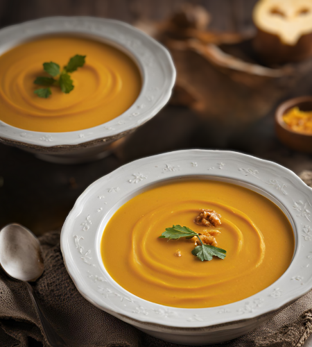 kürbissuppe in weißen tellern auf einem tisch
