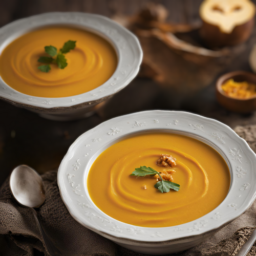 kürbissuppe in weißen tellern auf einem tisch